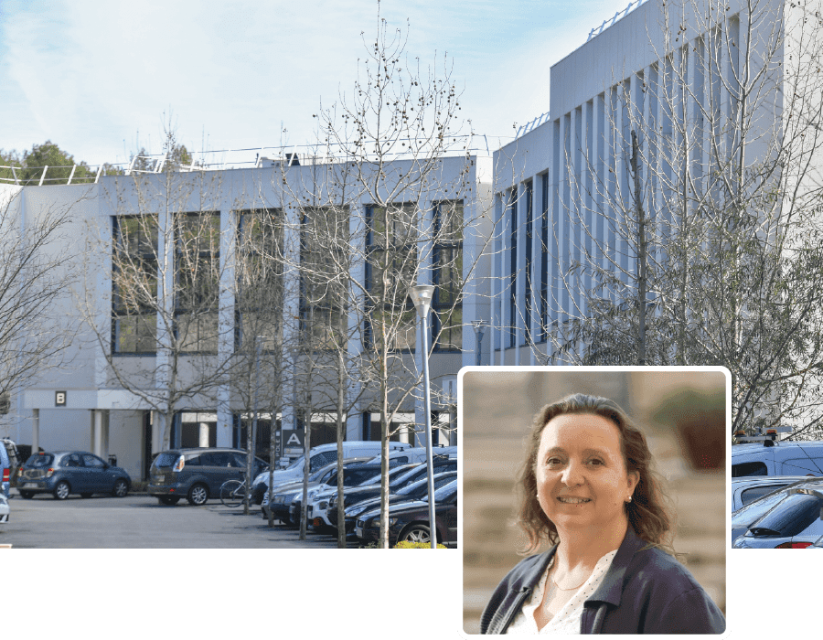 Außenansicht des Gebäudes in Sophia Antipolis und Portrait Marielle Campanella