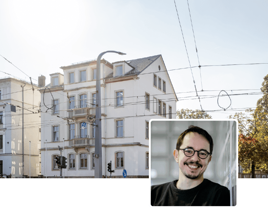 Außenansicht des Gebäudes des Smart Systems Hub und Portrait Philipp Hasenpusch