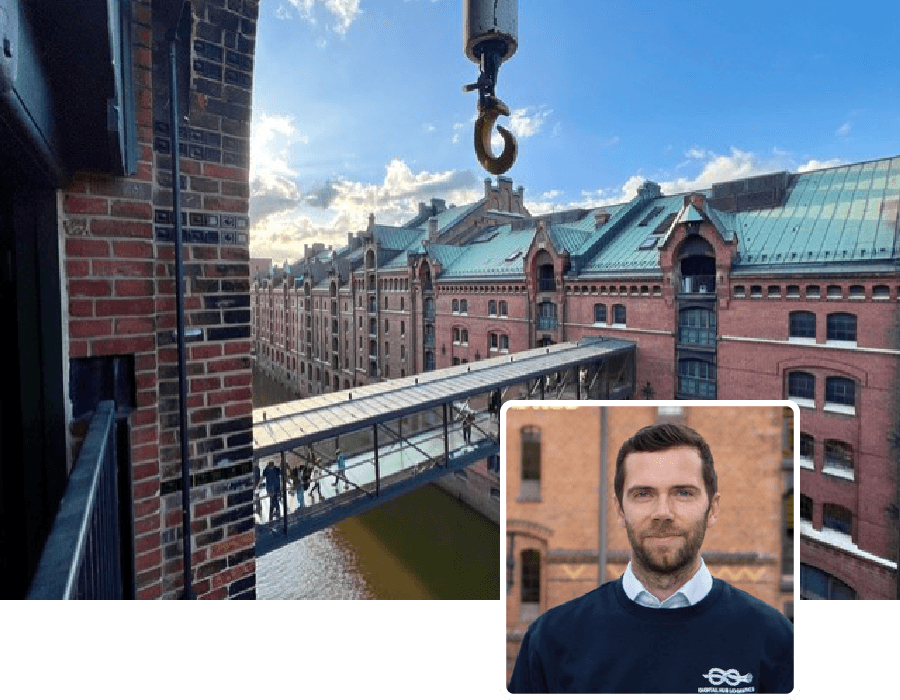 Außenansicht des Gebäudes des Digital Hub Logistics & Commerce Hamburg und Portrait Julian Kakarott