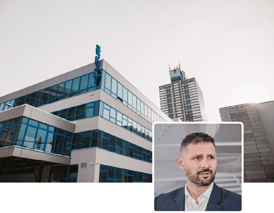 Außenansicht des Gebäudes der lipoink Liberec und Portrait Philipp Roden