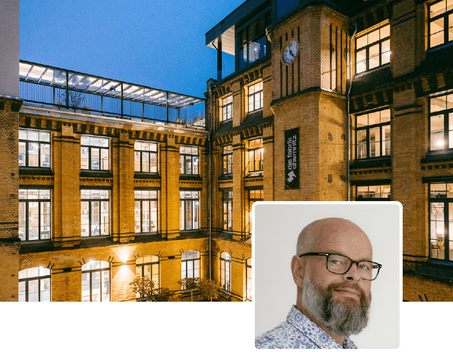 Außenansicht des Gebäudes der fabrik Chemnitz und Portrait Uwe Seidel